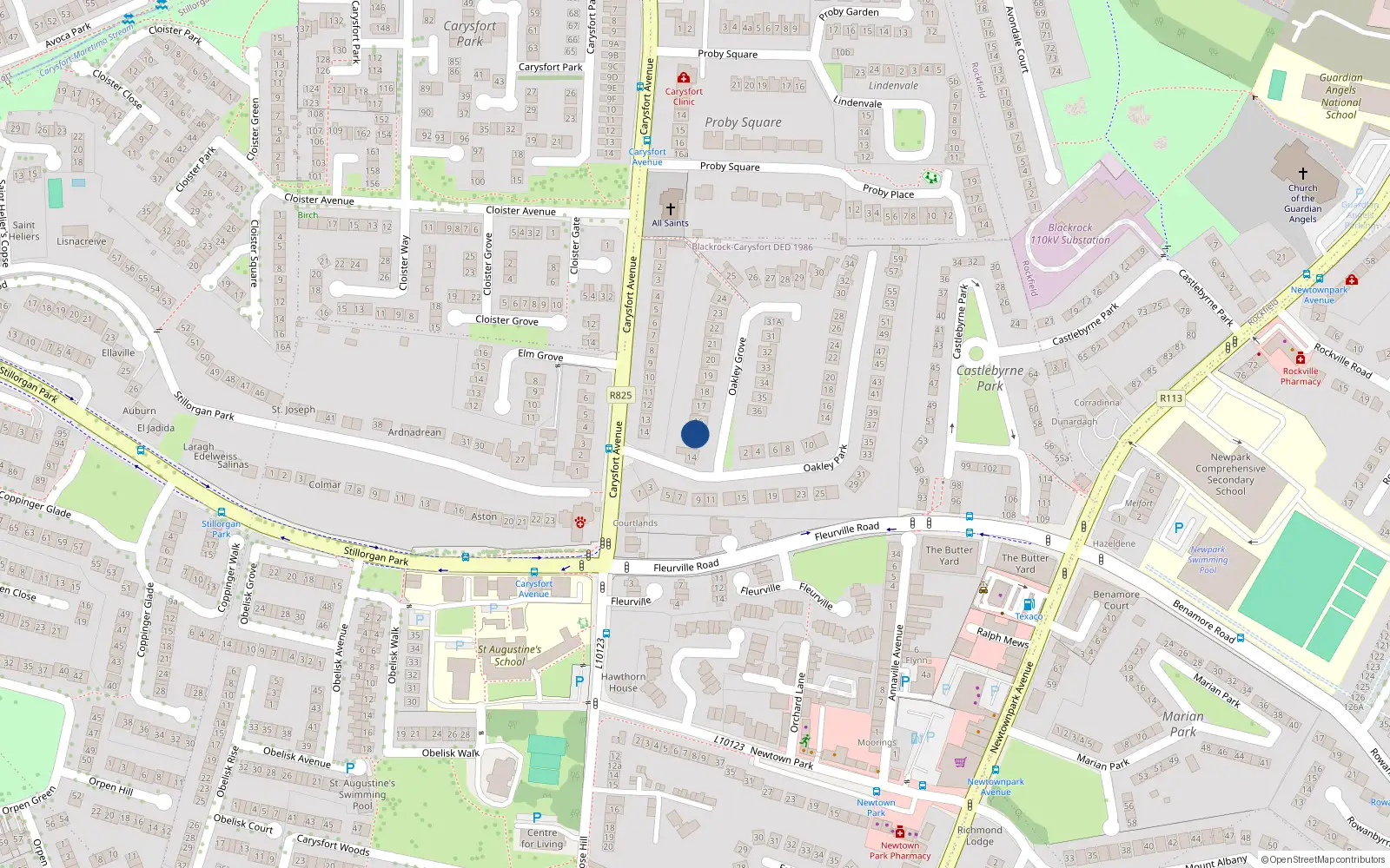 Overhead map showing the location of 15 Oakley Grove, Blackrock