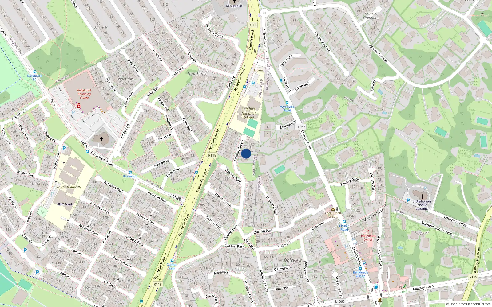 Overhead map showing the location of 15 Oakton Green, Ballybrack, Dublin