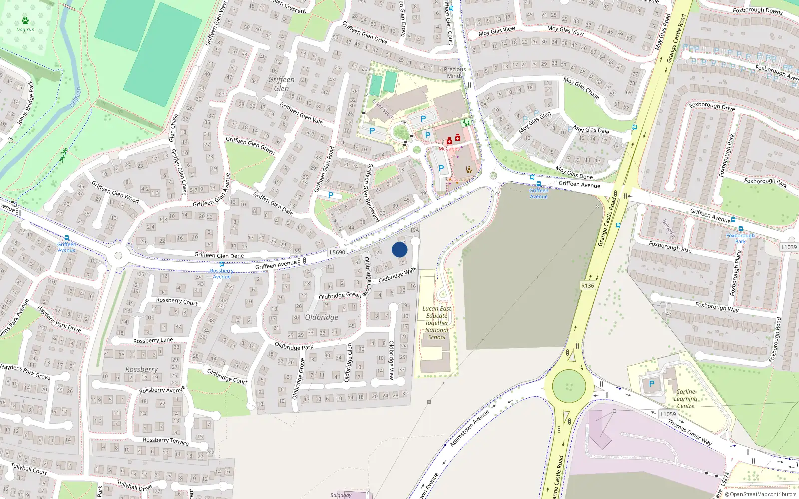 Overhead map showing the location of 15 Oldbridge Walk, Lucan