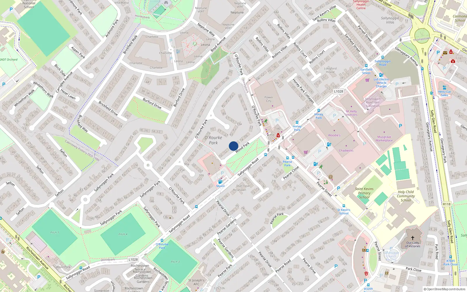 Overhead map showing the location of 15 Orourke Park, Sallynoggin, Dun Laoghaire