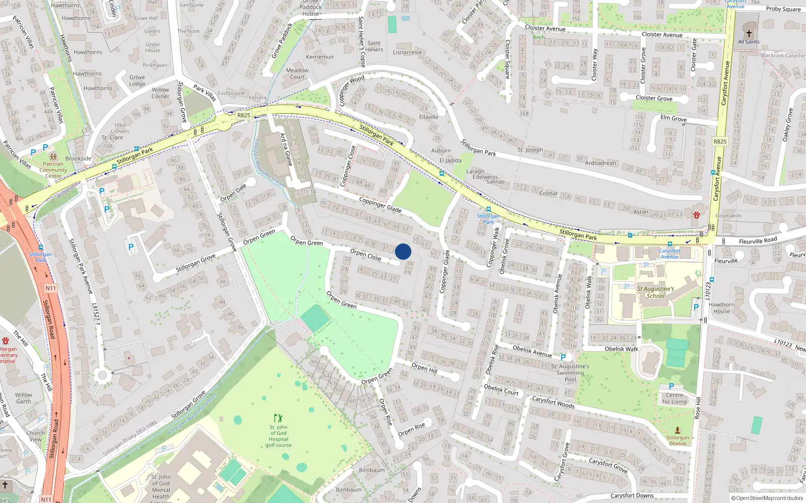 Overhead map showing the location of 15 Orpen Close, Stillorgan Grove, Blackrock