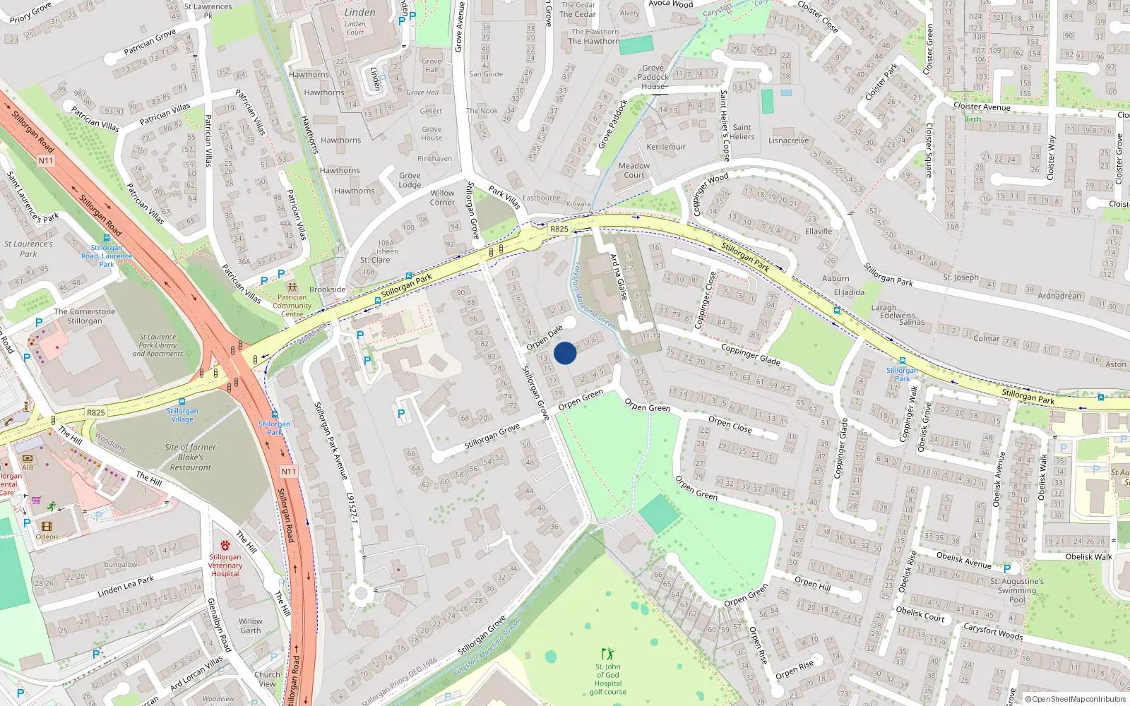 Overhead map showing the location of 15 Orpen Dale, Stillorgan