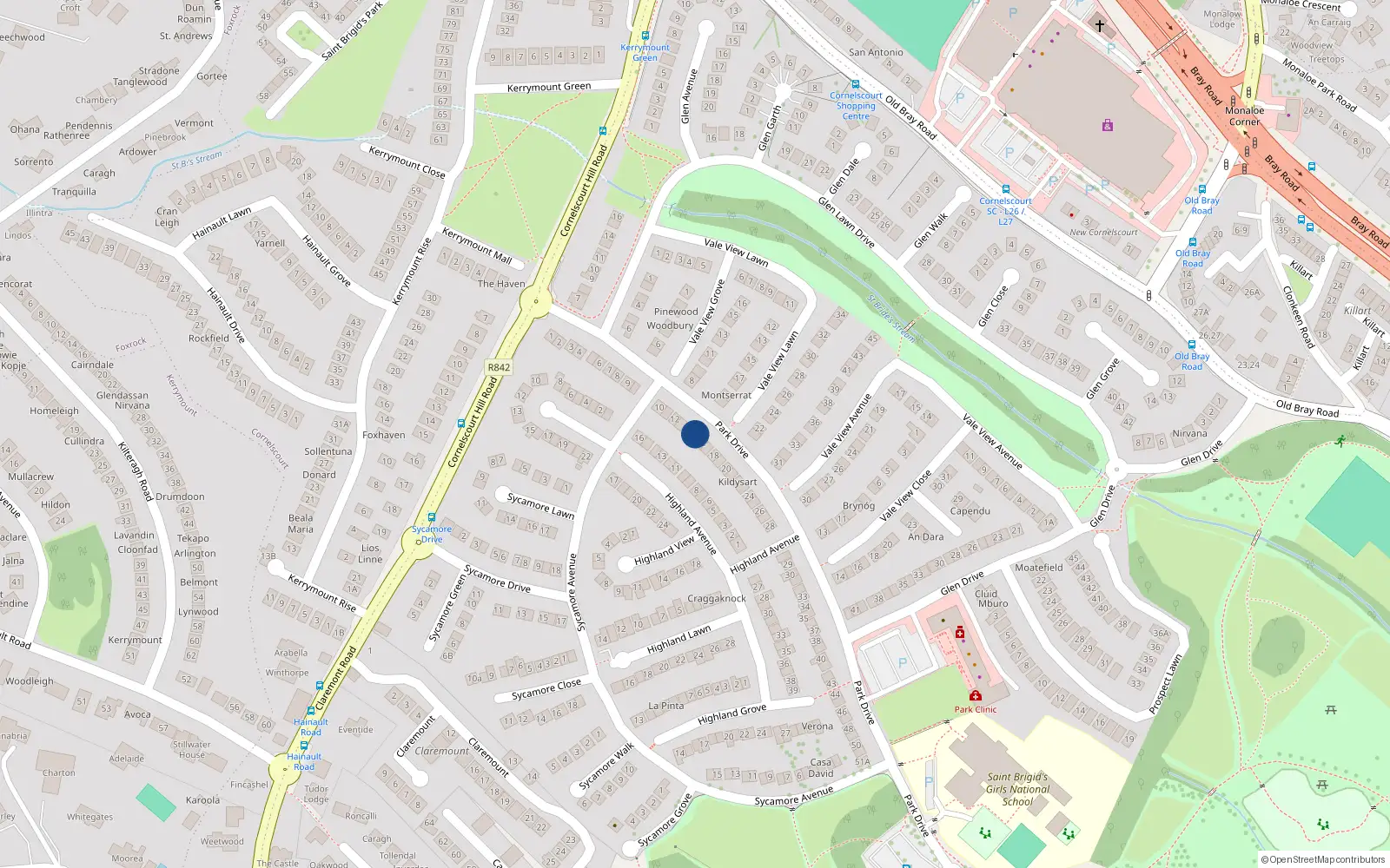 Overhead map showing the location of 15 Park Drive, Cabinteely
