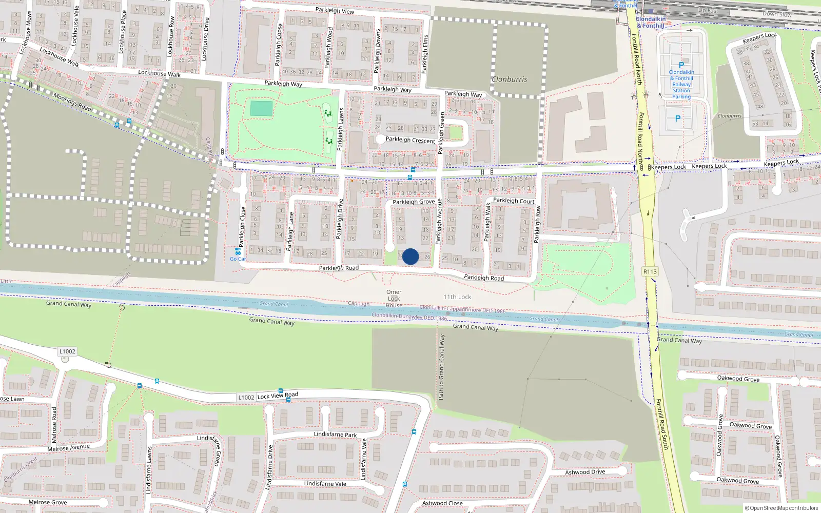 Overhead map showing the location of 15 Parkleigh Road, Dublin 22