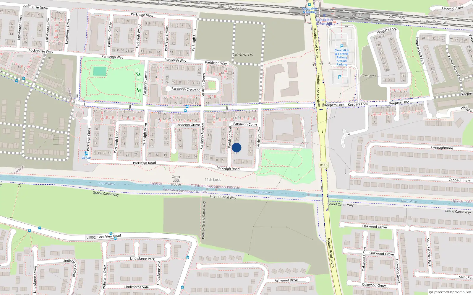 Overhead map showing the location of 15 Parkleigh Walk, Dublin 22
