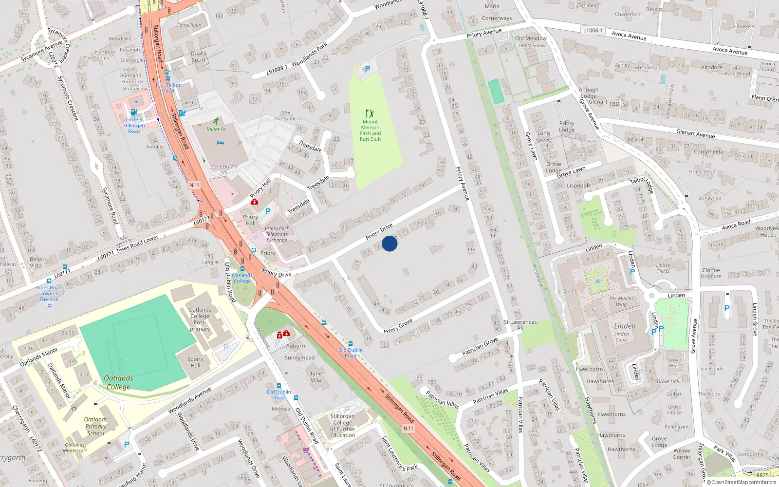 Overhead map showing the location of 15 Priory Drive, Dublin