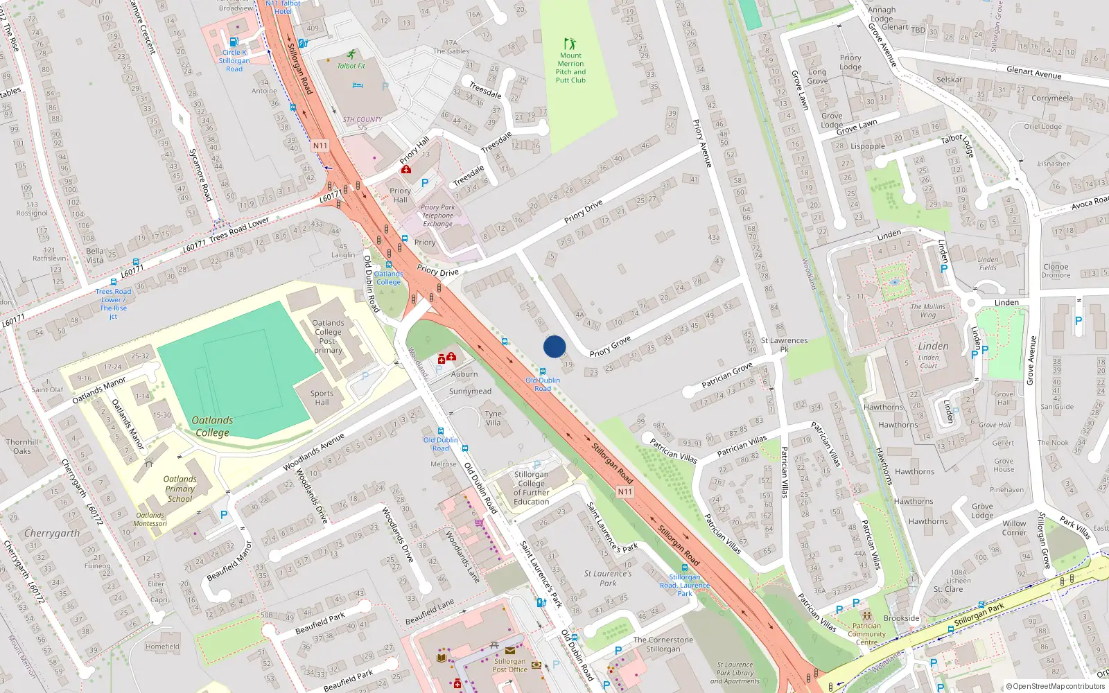 Overhead map showing the location of 15 Priory Grove, Stillorgan, Dublin