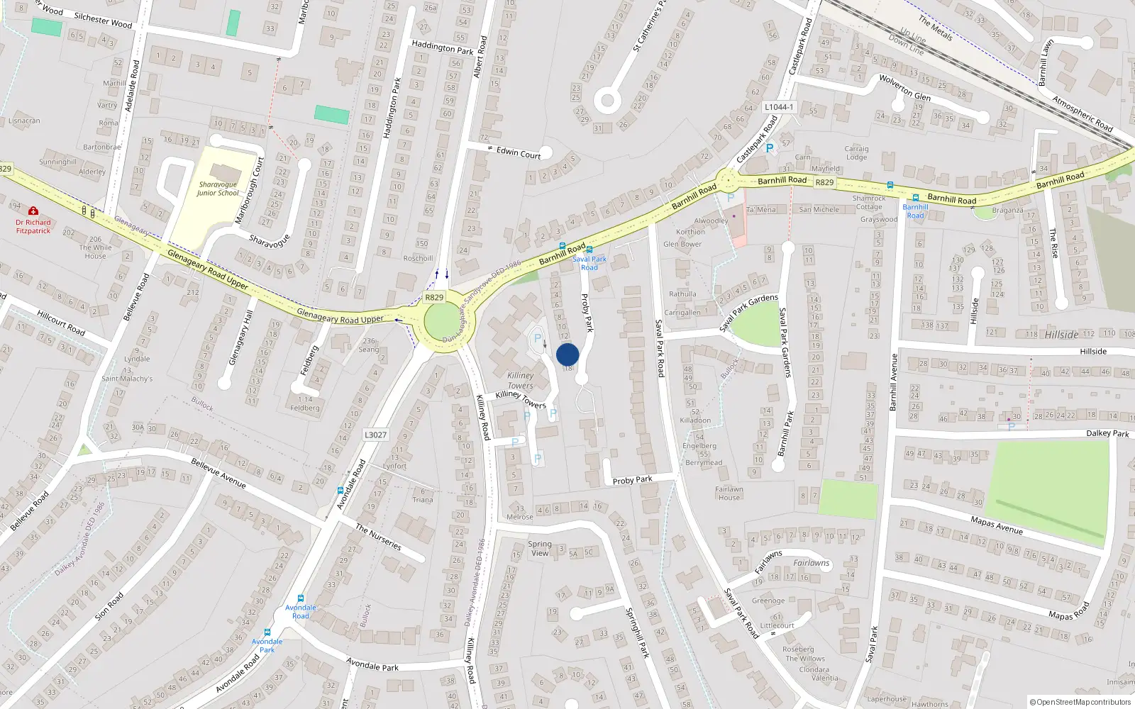 Overhead map showing the location of 15 Proby Park, Barnhill Road, Dalkey