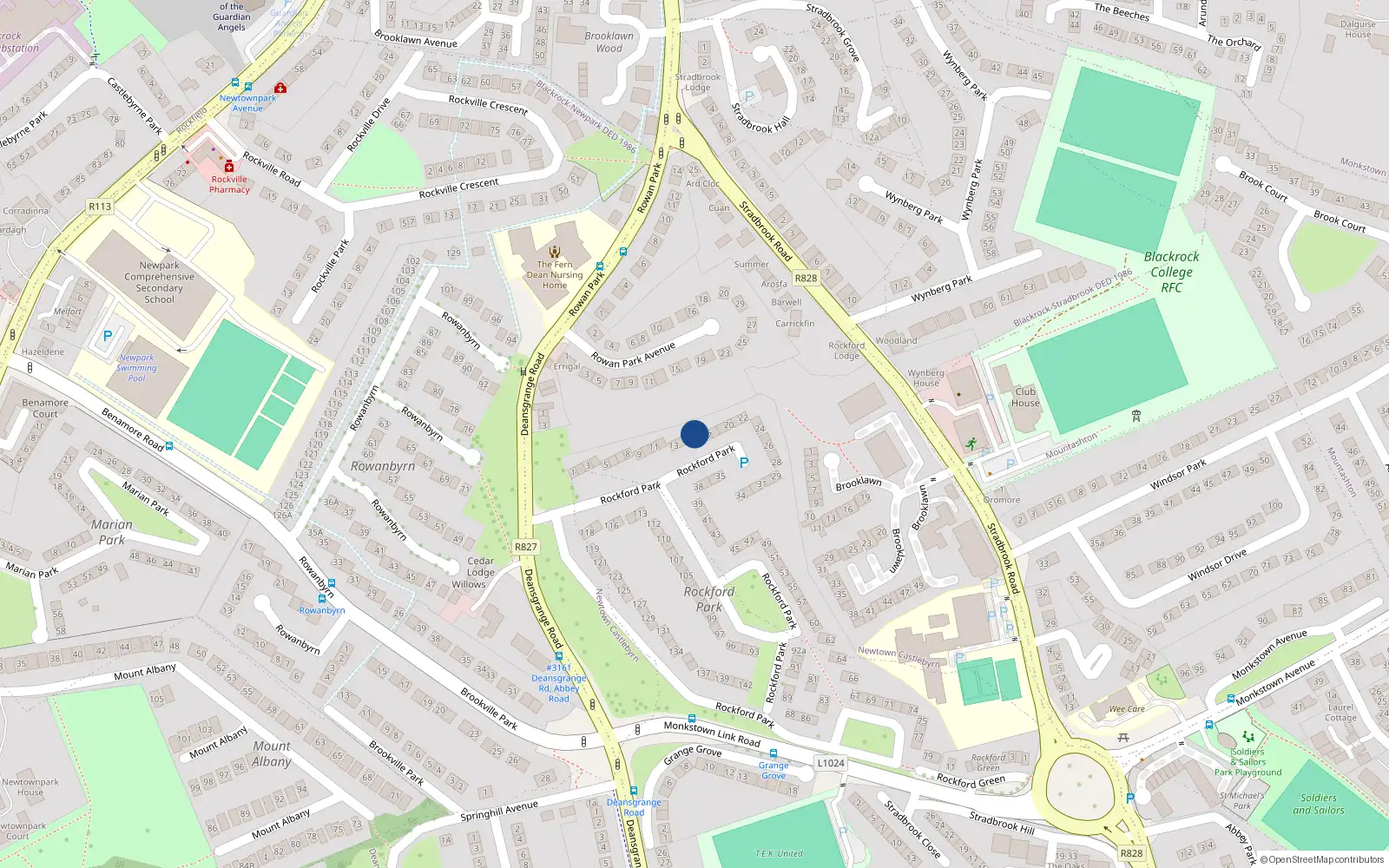 Overhead map showing the location of 15 Rockford Park, Blackrock