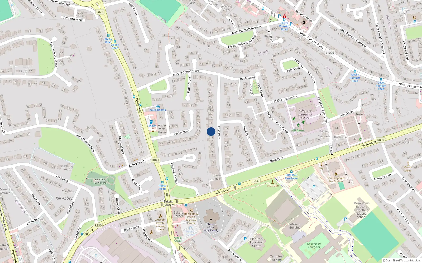 Overhead map showing the location of 15 Rose Park, Kill Avenue, Dun Laoghaire