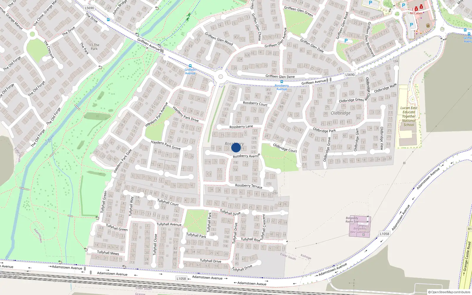 Overhead map showing the location of 15 Rossberry Avenue, Lucan