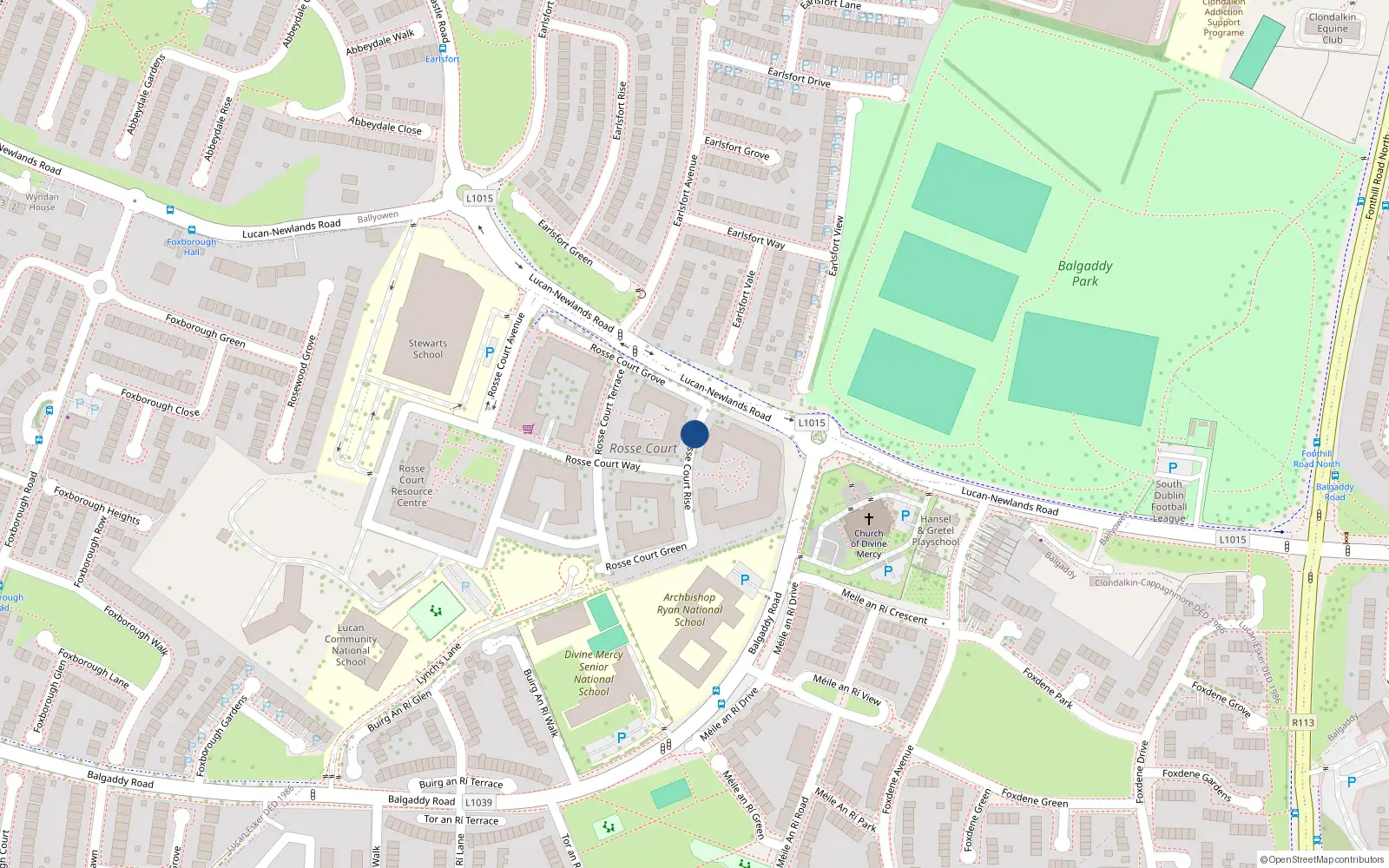 Overhead map showing the location of 15 Rosse Court Rise, Lucan