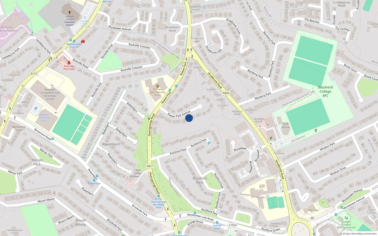 Overhead map showing the location of 15 Rowan Park Avenue, Blackrock, Dublin