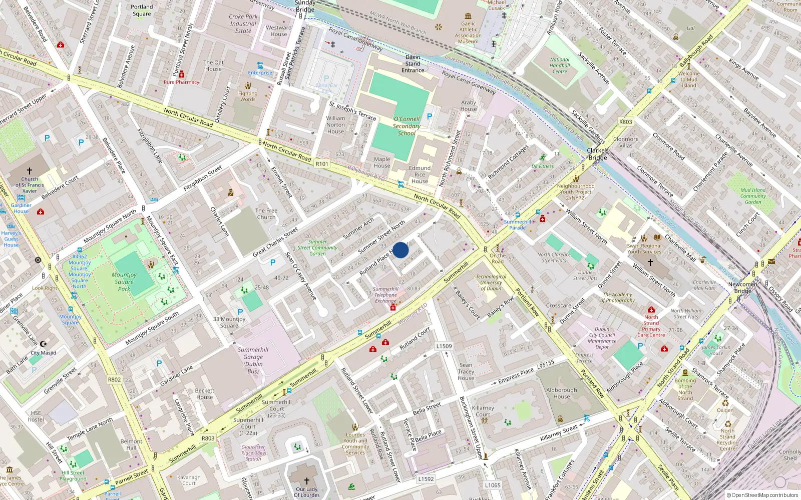 Overhead map showing the location of 15 Rutland Place North, Dublin 1