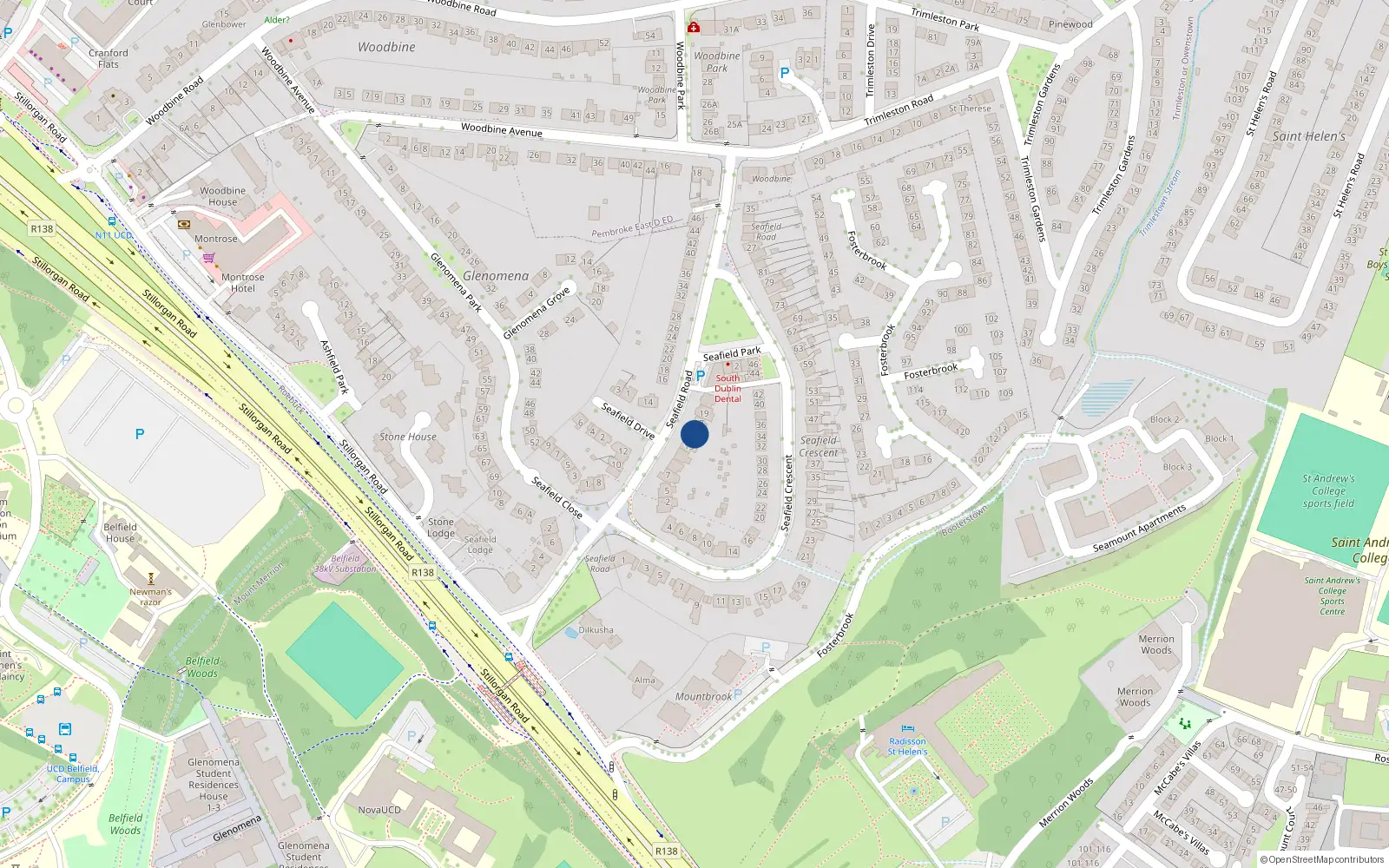 Overhead map showing the location of 15 Seafield Road, Blackrock