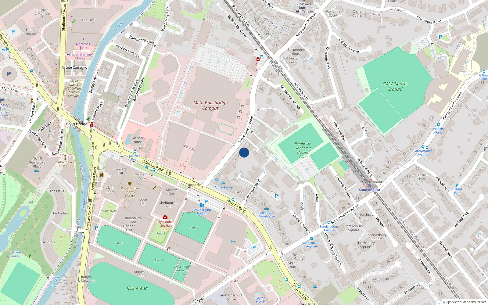 Overhead map showing the location of 15 Serpentine Avenue, Ballsbridge