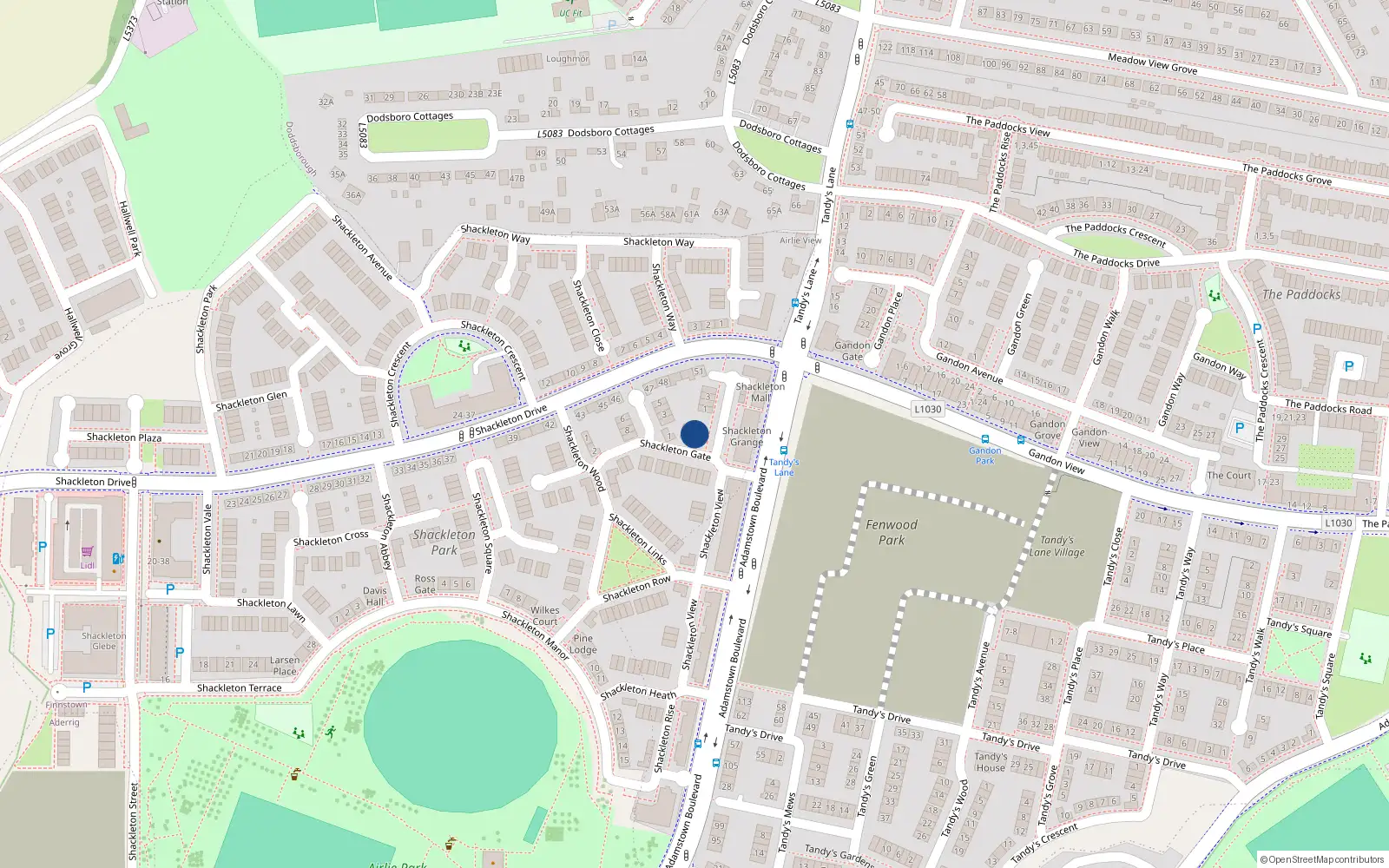 Overhead map showing the location of 15 Shackleton Gate, Shackleton Park, Lucan