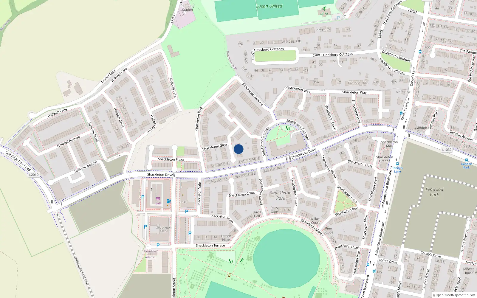 Overhead map showing the location of 15 Shackleton Glen, Lucan