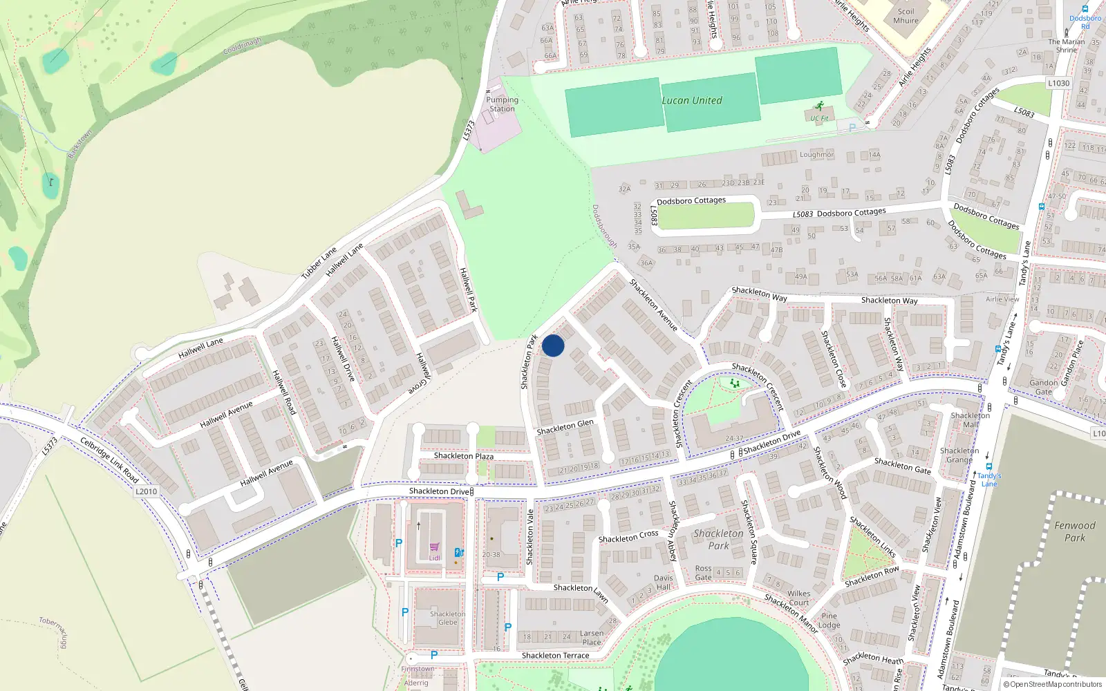 Overhead map showing the location of 15 Shackleton Park, Lucan