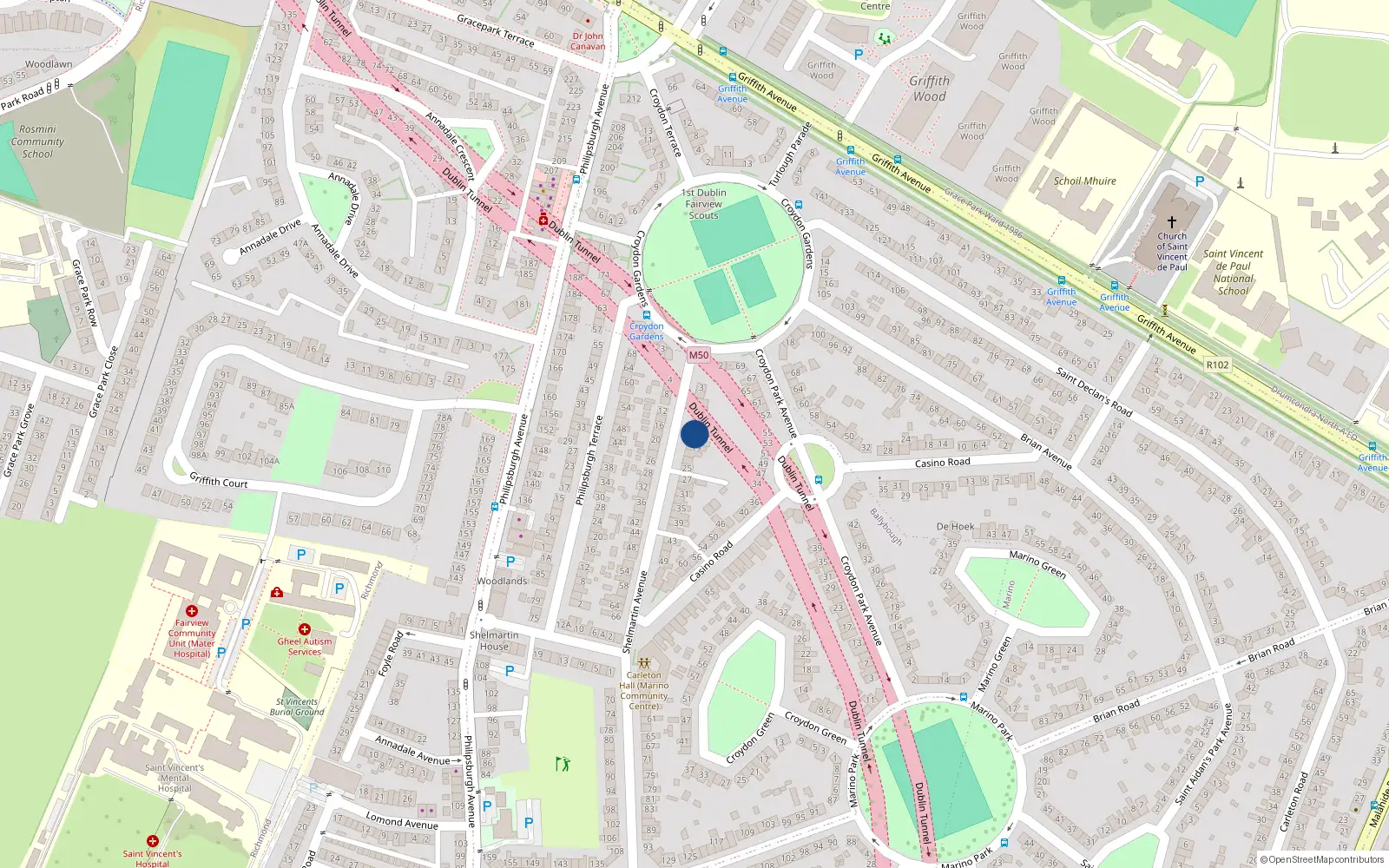 Overhead map showing the location of 15 Shelmartin Avenue, Dublin 3
