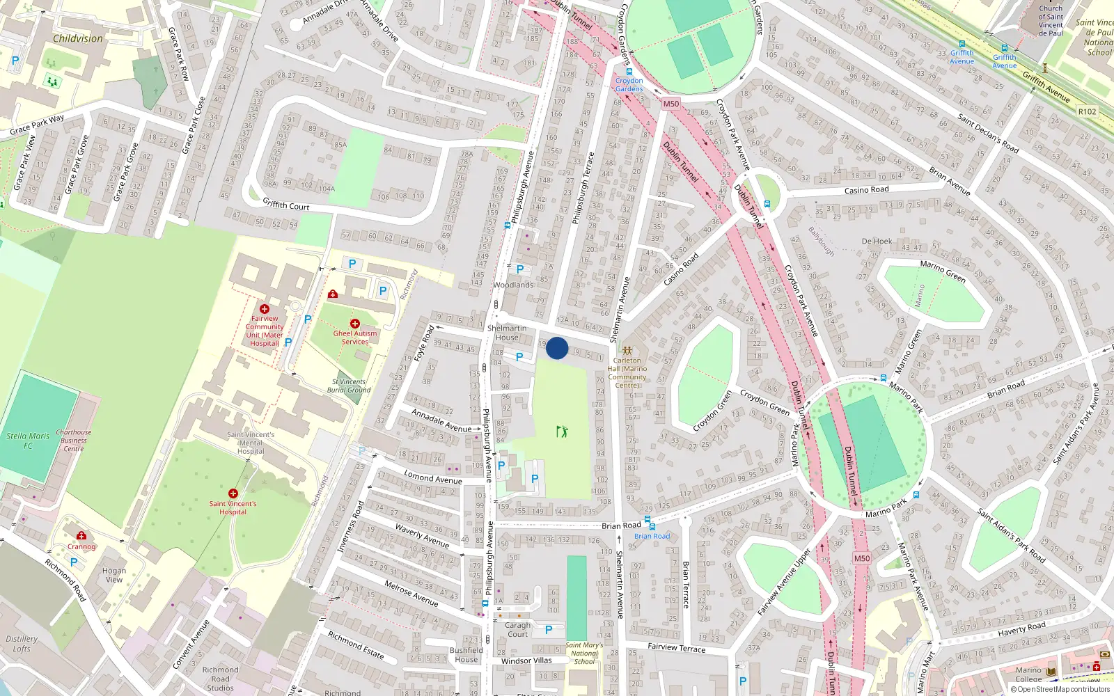 Overhead map showing the location of 15 Shelmartin Terrace, Dublin 3