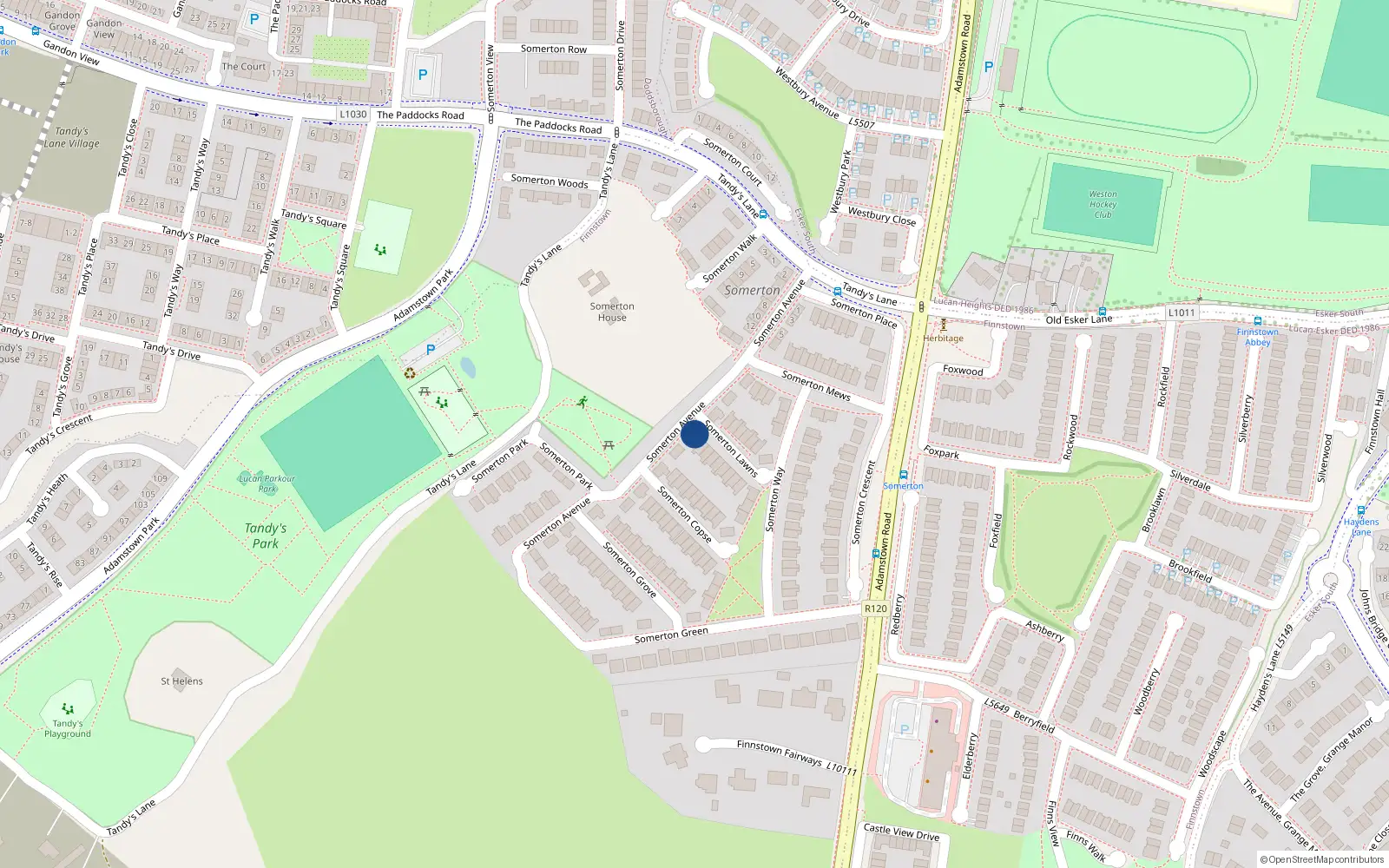 Overhead map showing the location of 15 Somerton Avenue, Lucan