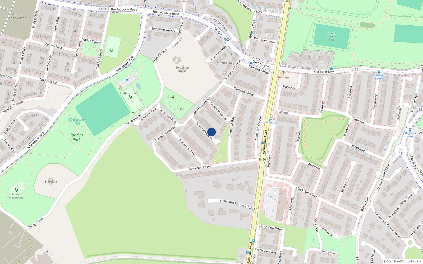 Overhead map showing the location of 15 Somerton Copse, Finnstown
