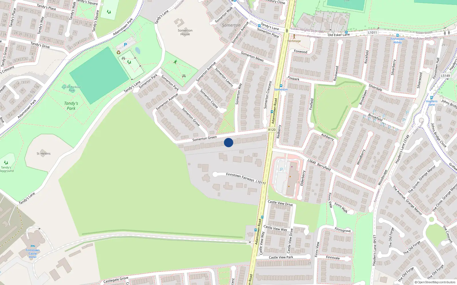 Overhead map showing the location of 15 Somerton Green, Finnstown
