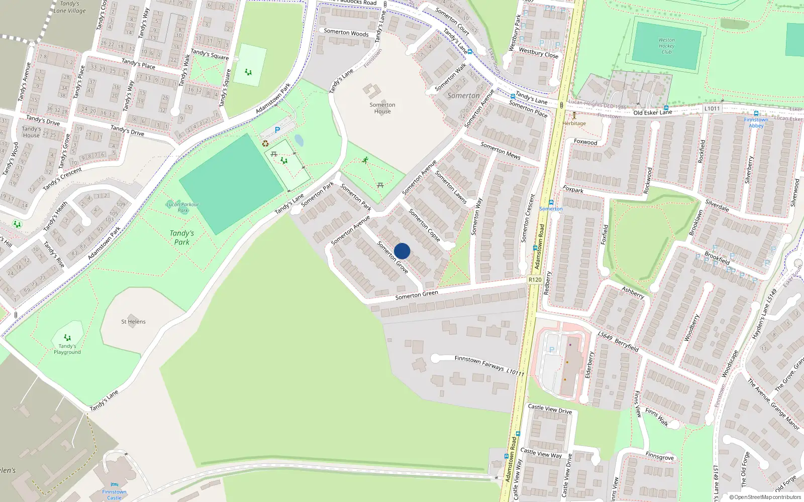Overhead map showing the location of 15 Somerton Grove, Finnstown