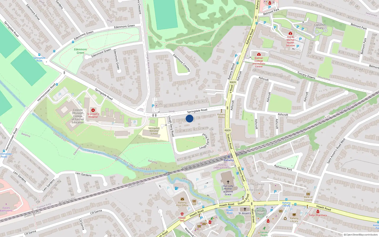 Overhead map showing the location of 15 Springdale Road, Raheny, Dublin
