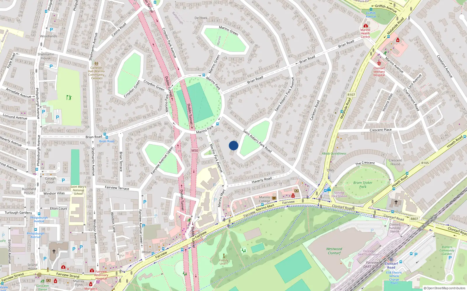 Overhead map showing the location of 15 St Aidans Park, Marino, Dublin 3