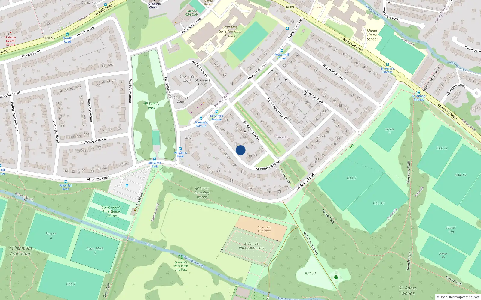 Overhead map showing the location of 15 St Annes Avenue, Dublin 5, Dublin