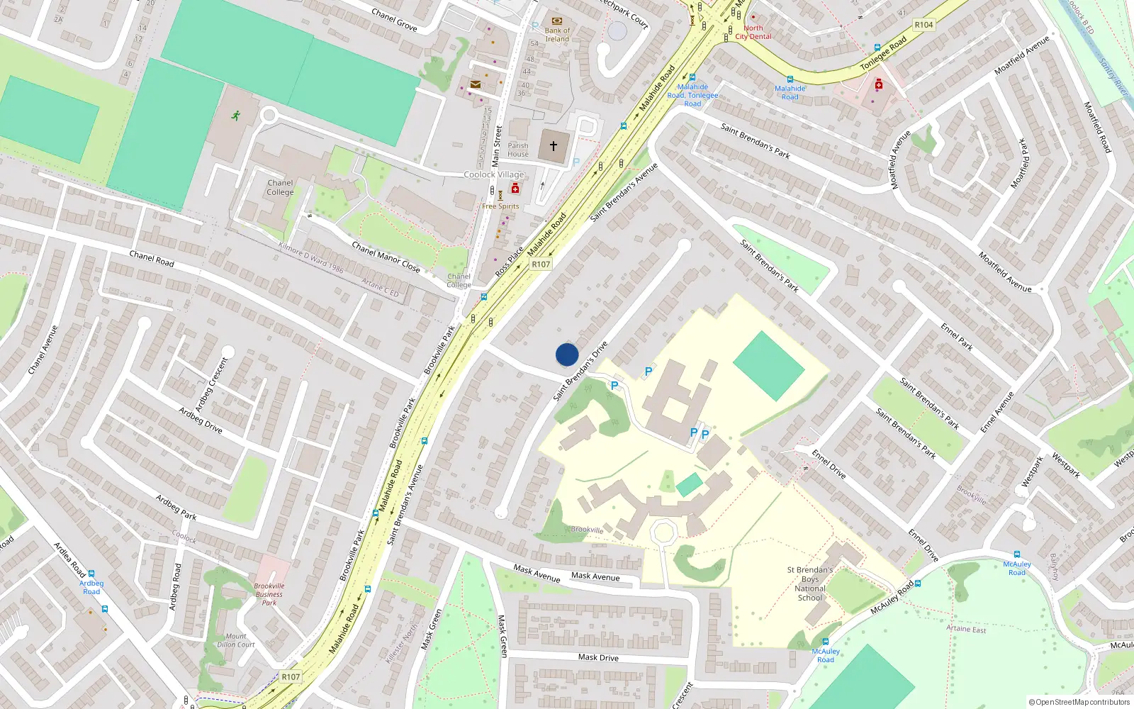 Overhead map showing the location of 15 St. Brendans Drive, Malahide Road, Coolock