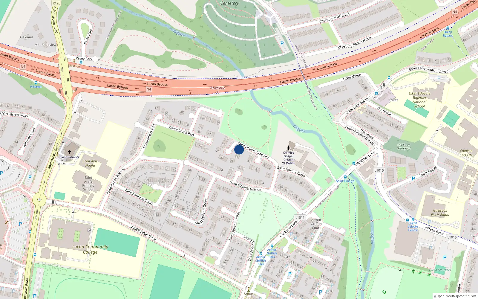 Overhead map showing the location of 15 St Finians Crescent, Lucan, Dublin