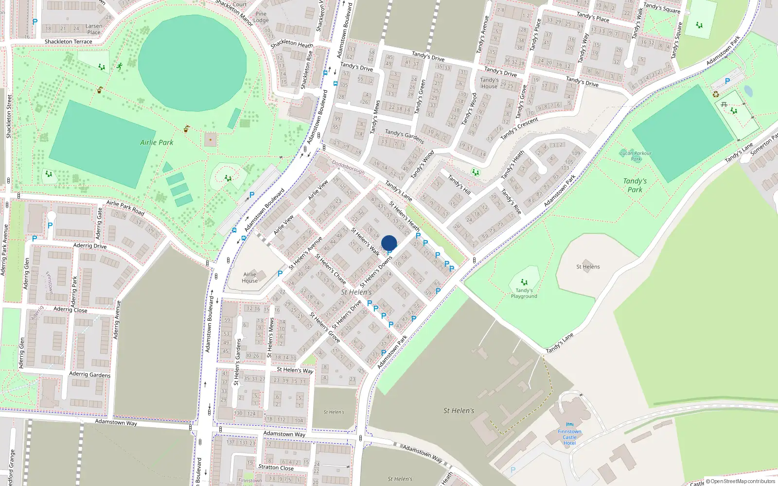 Overhead map showing the location of 15 St. Helen's Downs, Adamstown, Lucan