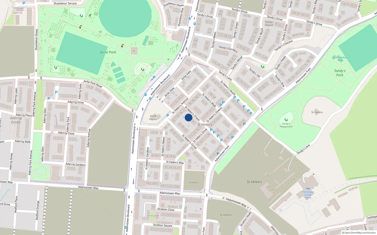 Overhead map showing the location of 15 St Helens Chase, Adamstown, Lucan