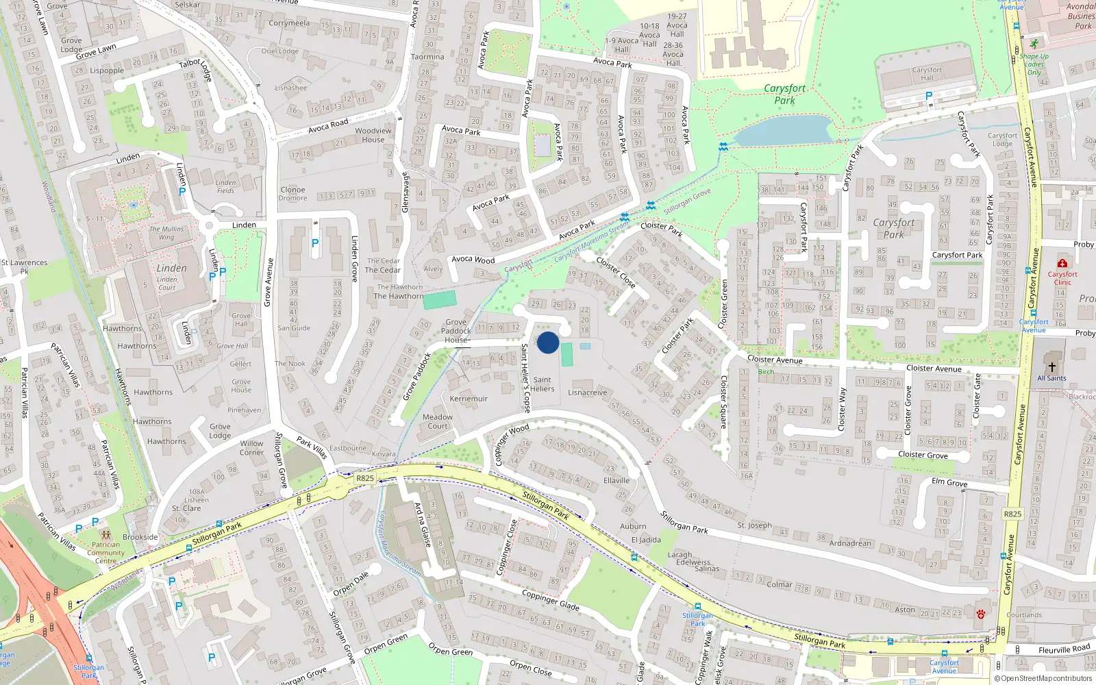 Overhead map showing the location of 15 St Heliers Copse, Stillorgan Park, Blackrock