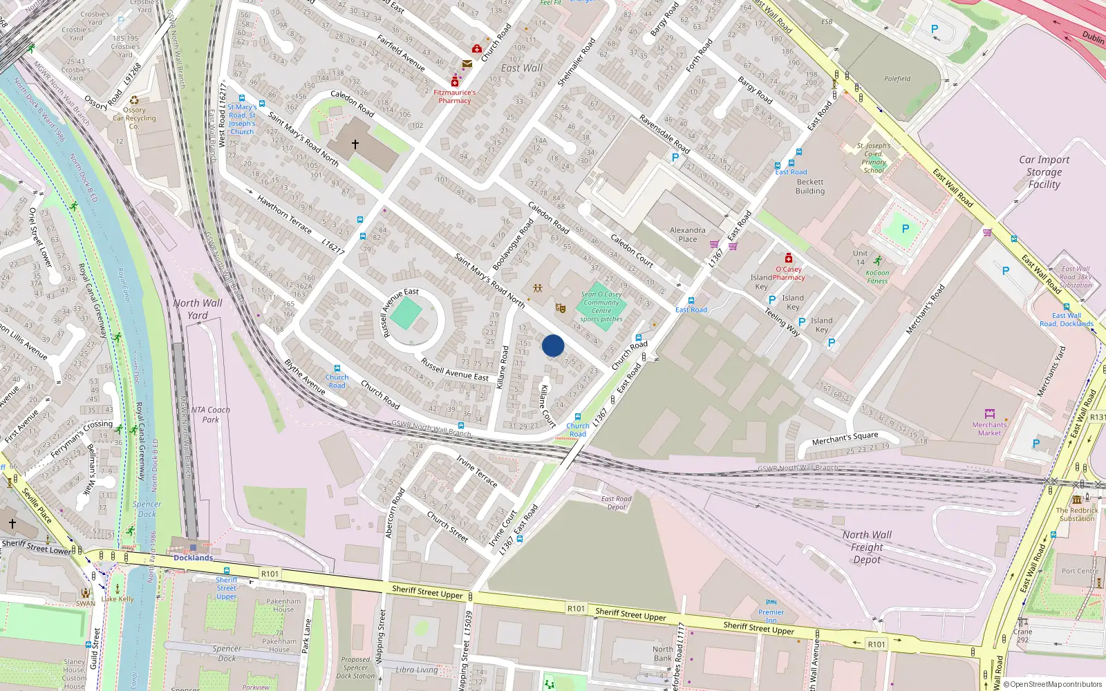 Overhead map showing the location of 15 St Marys Road, East Wall, Dublin 3