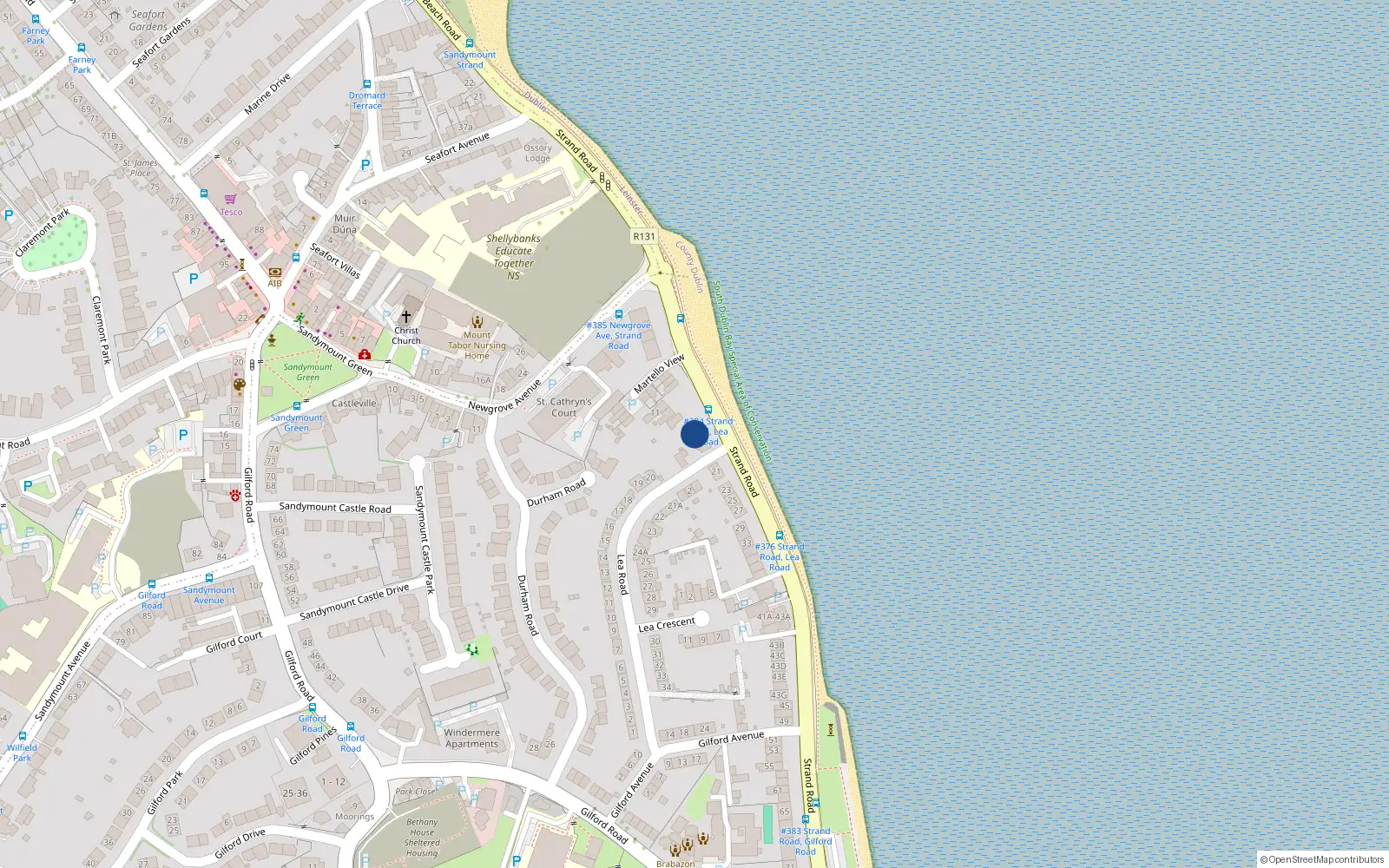 Overhead map showing the location of 15 Strand Road, Sandymount