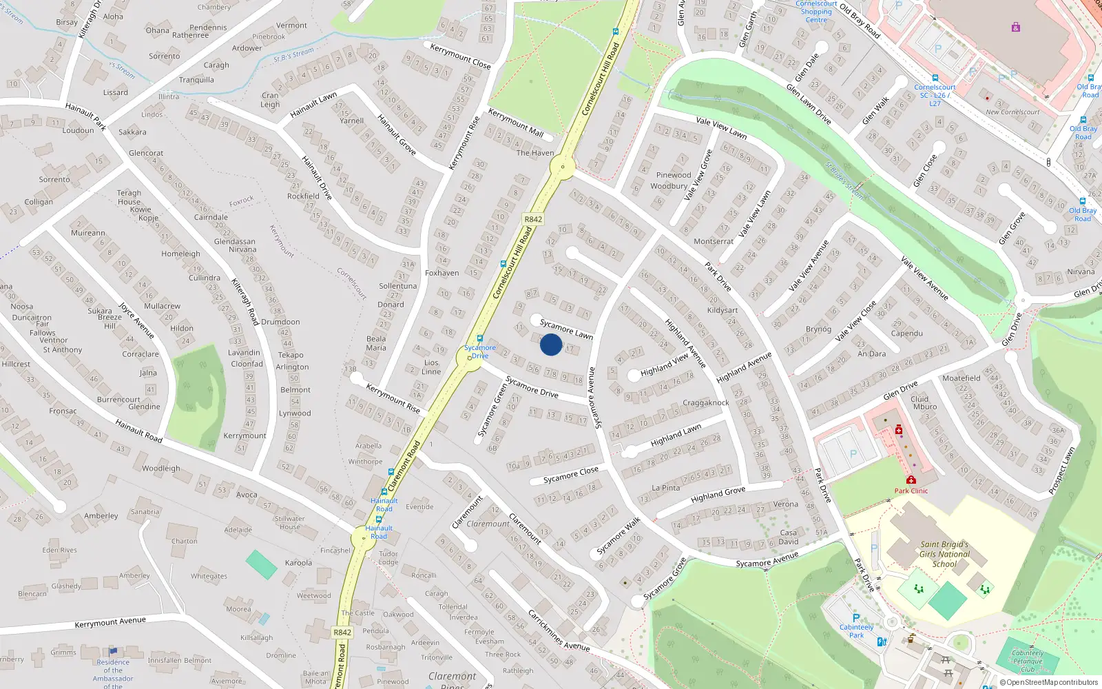 Overhead map showing the location of 15 Sycamore Lawn, Dublin 18