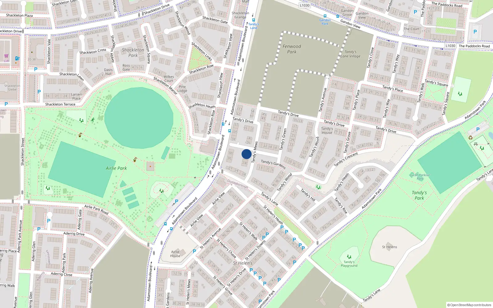 Overhead map showing the location of 15 Tandy's Gardens, Adamstown, Lucan