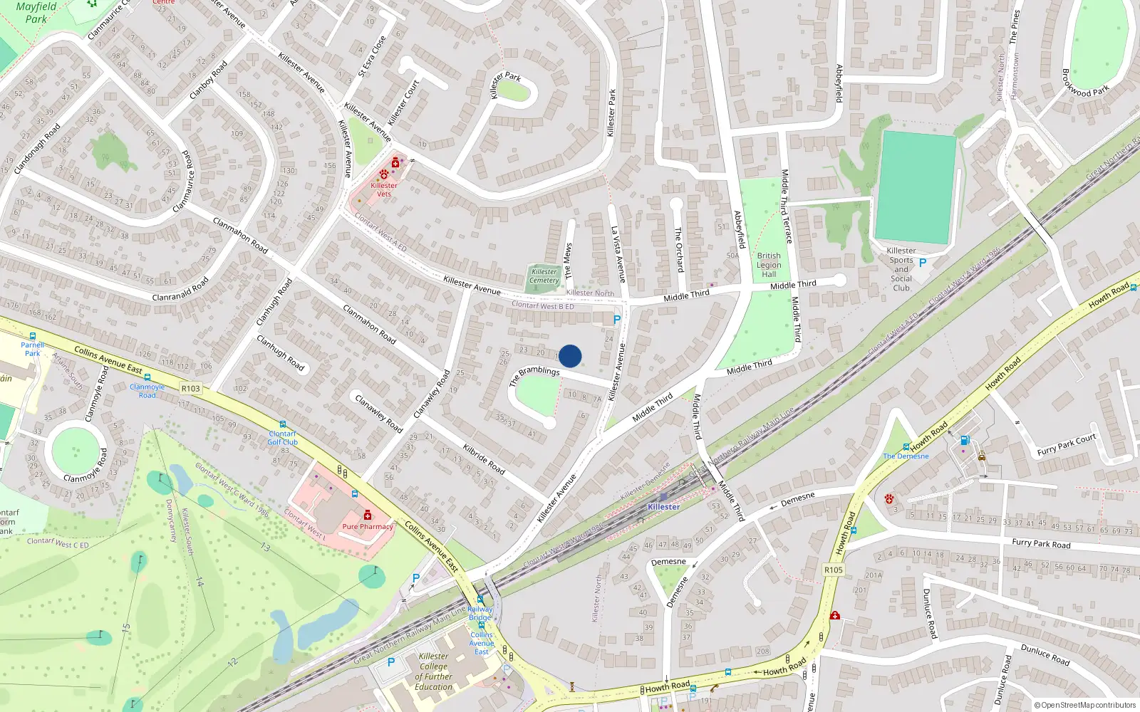 Overhead map showing the location of 15 The Bramblings, Dublin 5