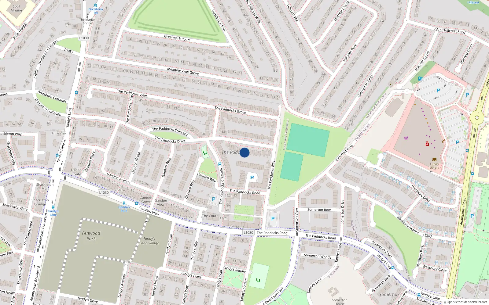 Overhead map showing the location of 15 the Paddocks Drive, Adamstown, Dublin