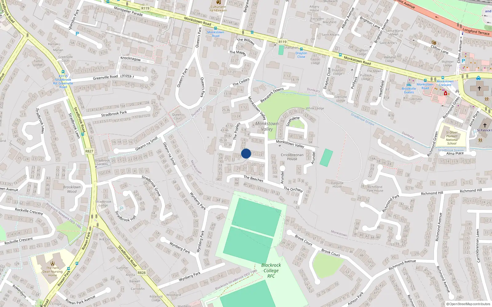 Overhead map showing the location of 15 The Poplars, Monkstown