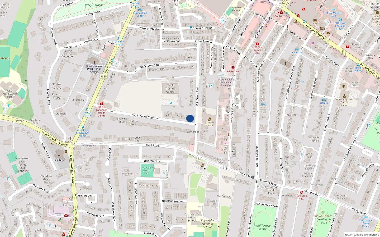 Overhead map showing the location of 15 Tivoli Terrace South, Dun Laoghaire, Dublin