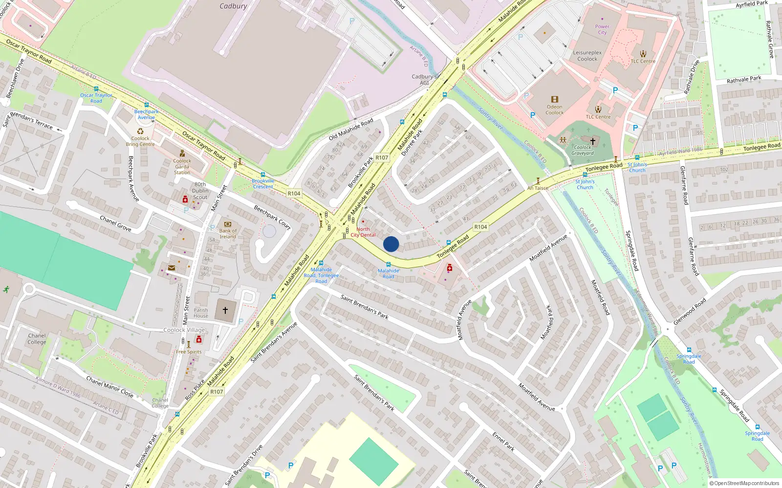 Overhead map showing the location of 15 Tonlegee Road, Dublin 5