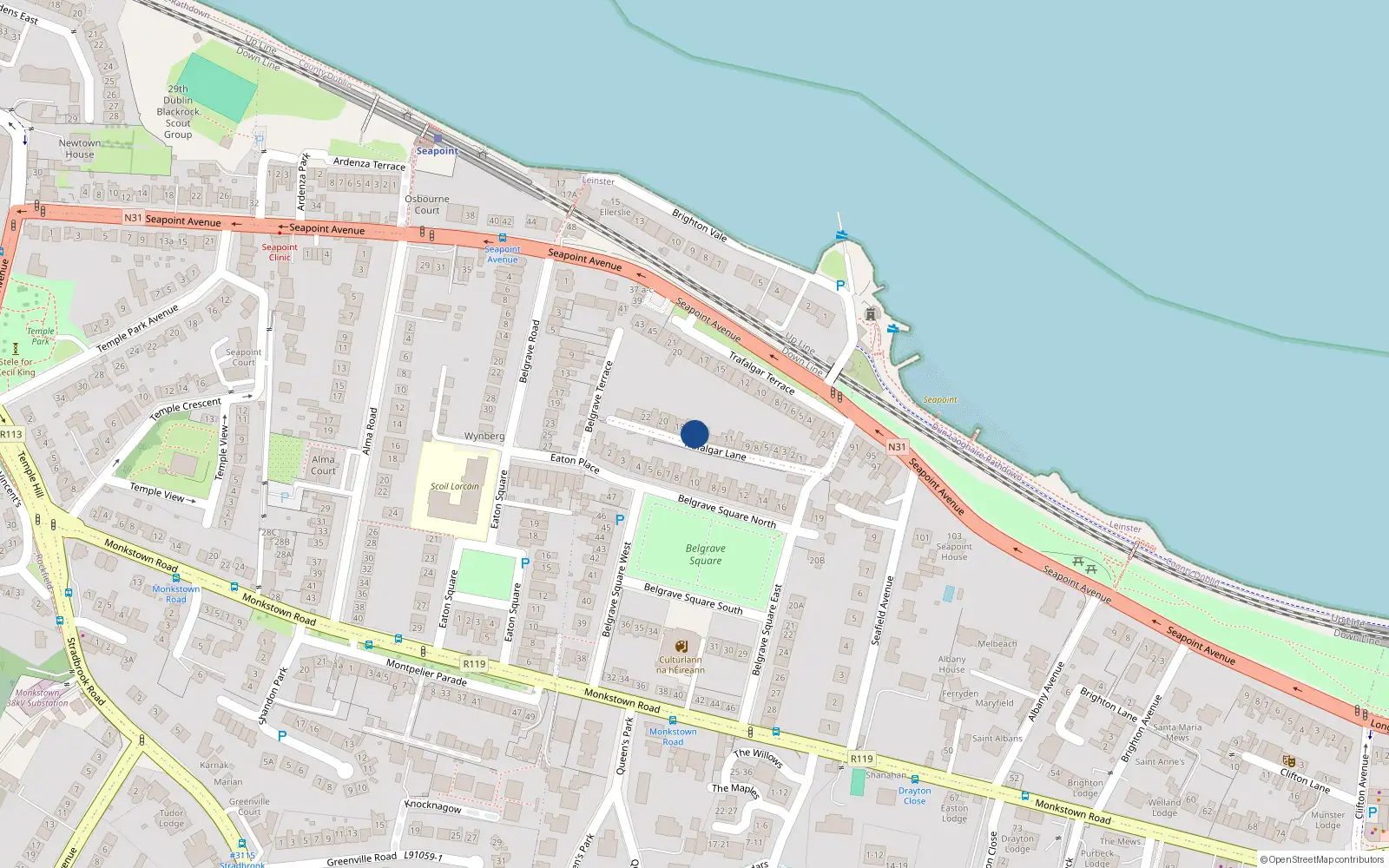 Overhead map showing the location of 15 Trafalgar Lane, Monkstown, Dublin