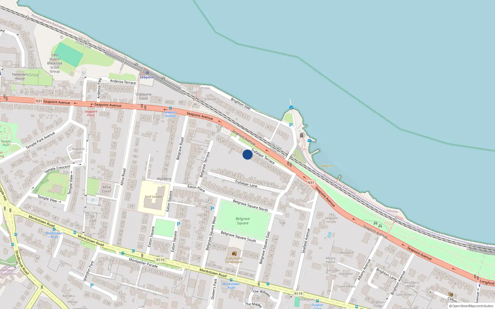 Overhead map showing the location of 15 Trafalgar Terrace, Monkstown, Dublin