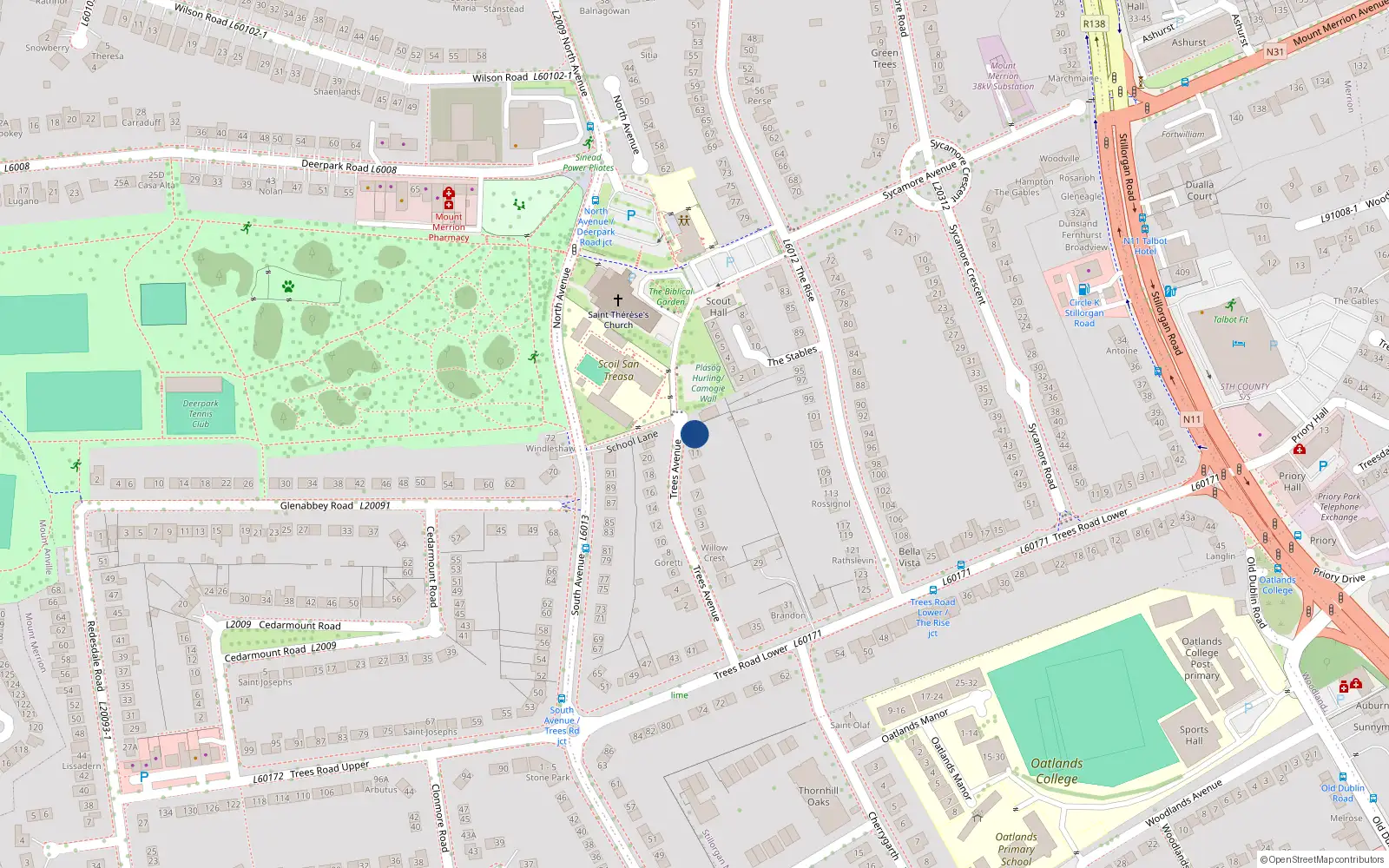 Overhead map showing the location of 15 Trees Avenue, Blackrock