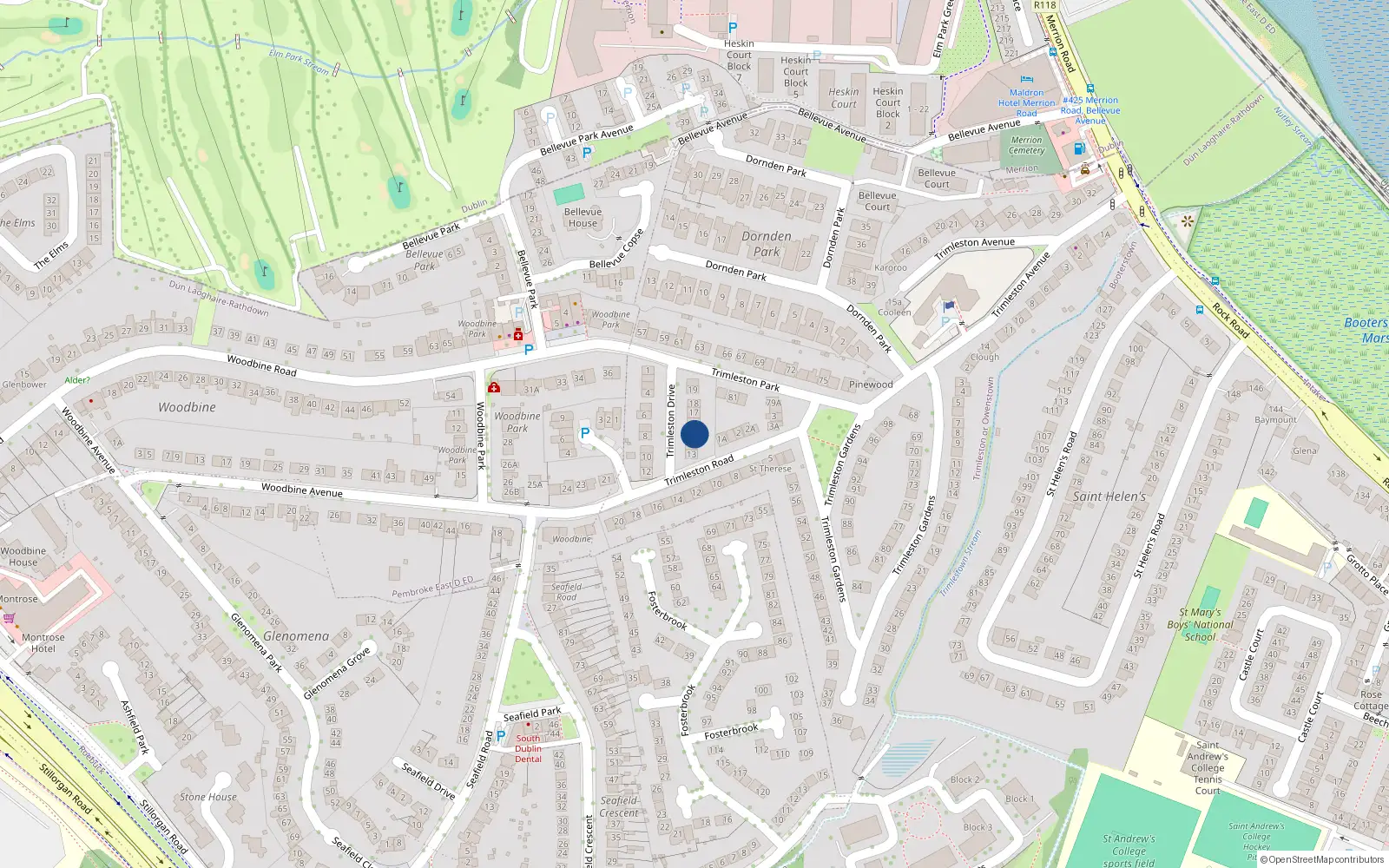 Overhead map showing the location of 15 Trimleston Drive, Blackrock, Dublin